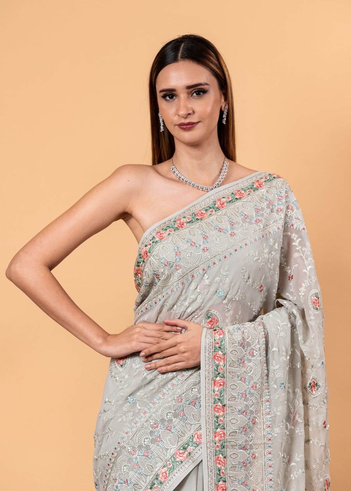 Gray Georgette Chikankari Saree with Multicolor Floral Embroidery - Anvi Couture
