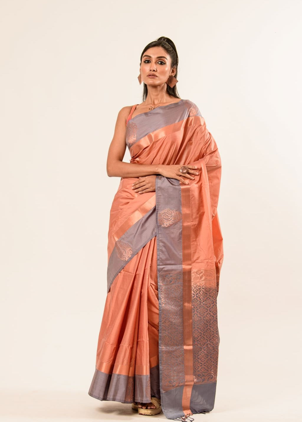 Peach Kanjivaram Silk Saree with Gray Border - Anvi Couture