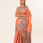 Peach Kanjivaram Silk Saree with Gray Border - Anvi Couture