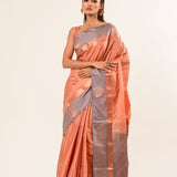 Peach Kanjivaram Silk Saree with Gray Border - Anvi Couture