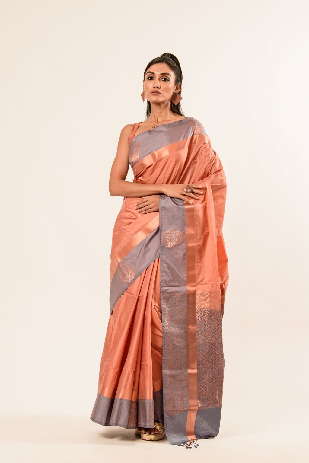 Peach Kanjivaram Silk Saree with Gray Border - Anvi Couture