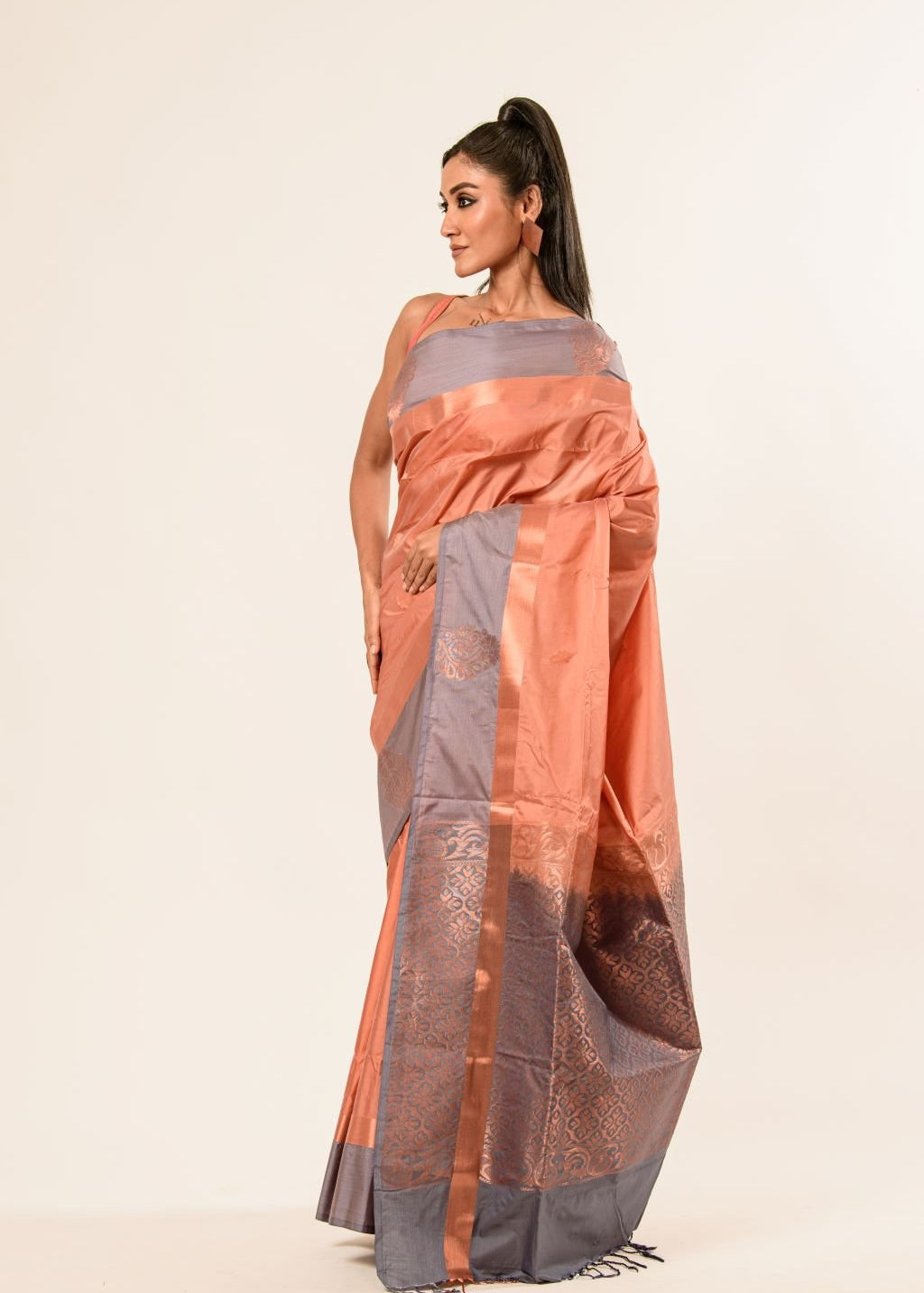 Peach Kanjivaram Silk Saree with Gray Border - Anvi Couture