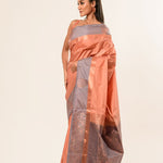 Peach Kanjivaram Silk Saree with Gray Border - Anvi Couture