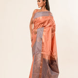 Peach Kanjivaram Silk Saree with Gray Border - Anvi Couture