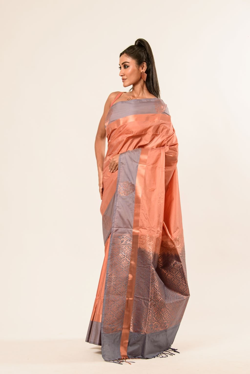 Peach Kanjivaram Silk Saree with Gray Border - Anvi Couture
