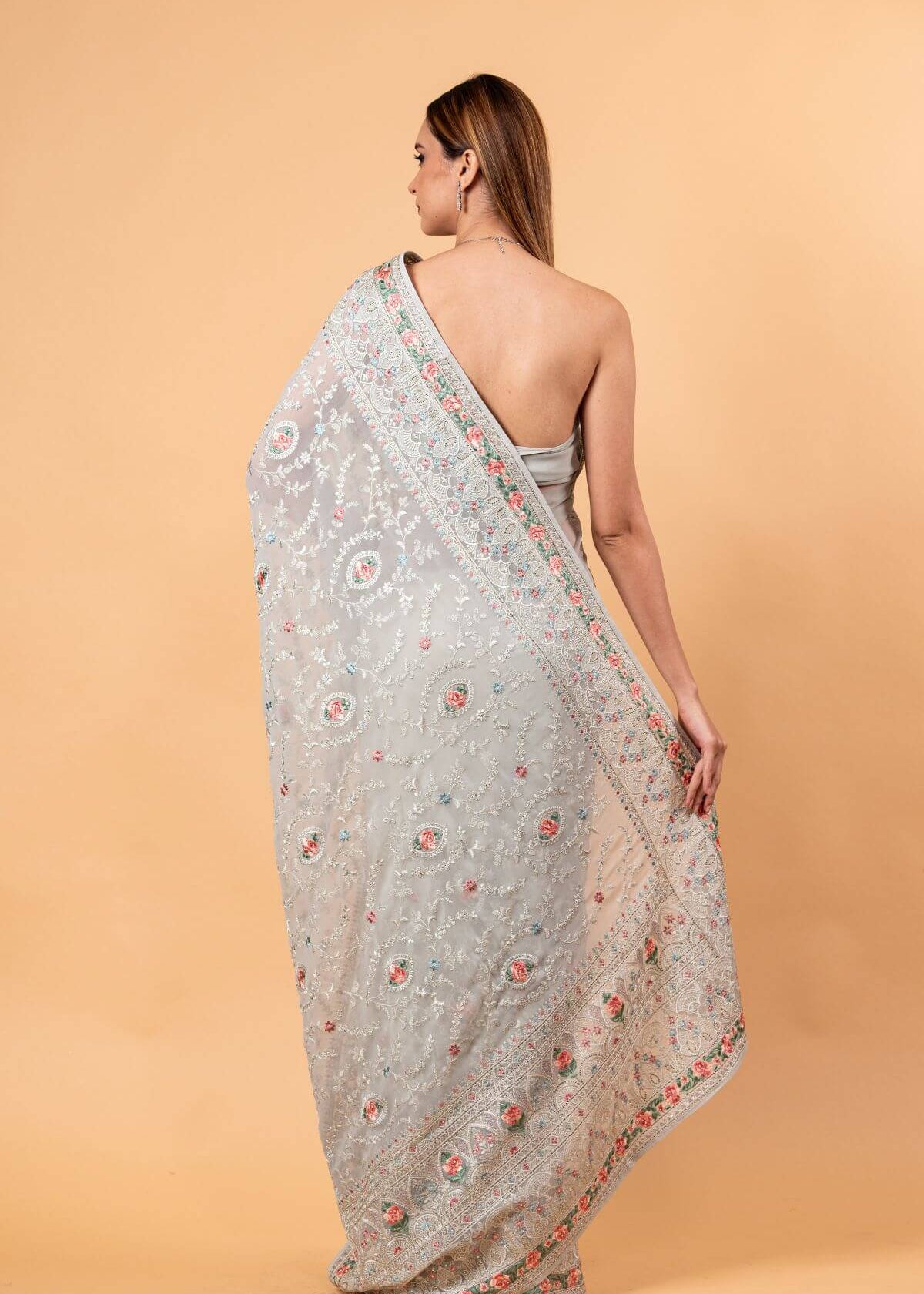 Gray Georgette Chikankari Saree with Multicolor Floral Embroidery - Anvi Couture