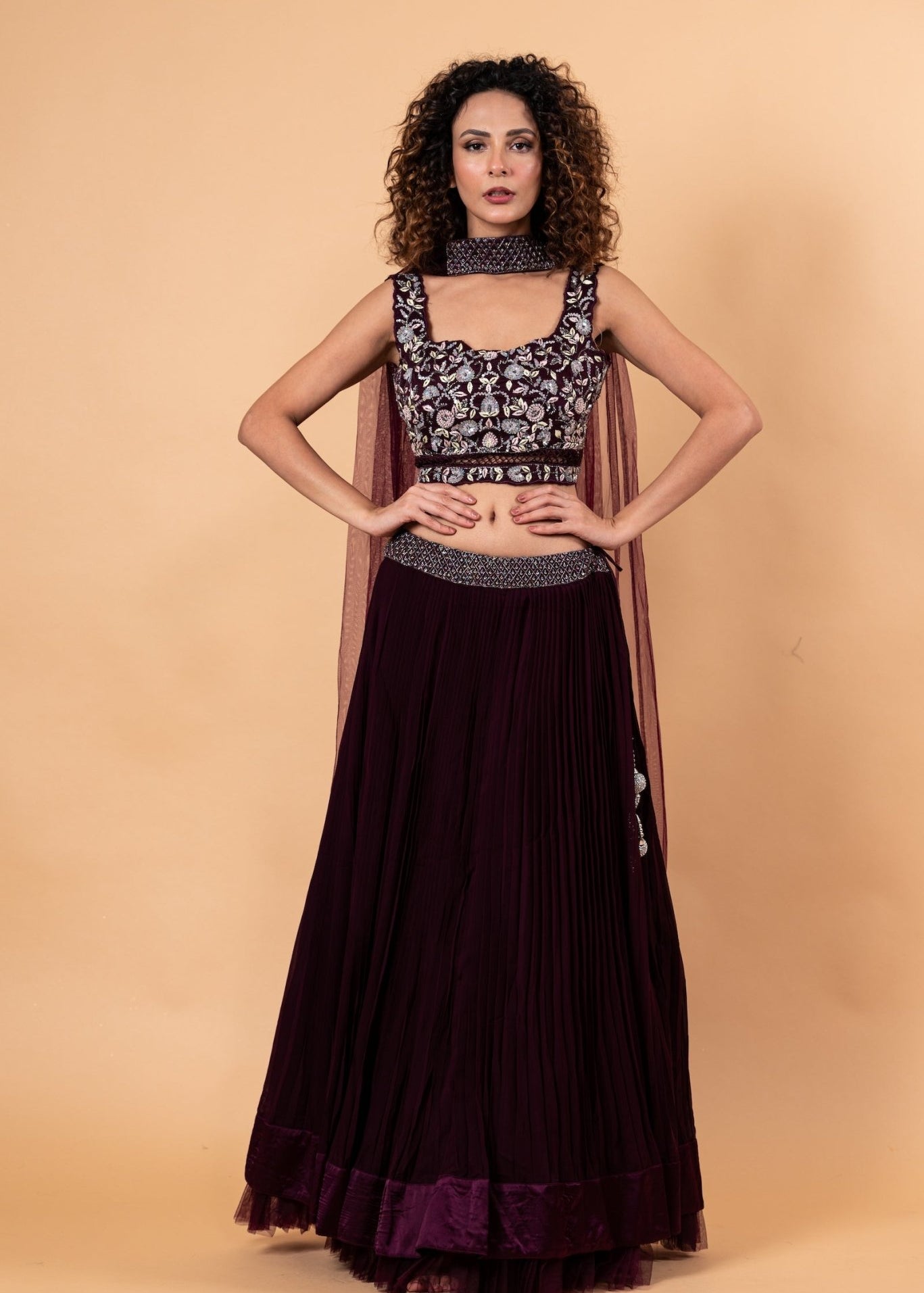 Wine Color Net Lehenga with Embroidery Work - Anvi Couture