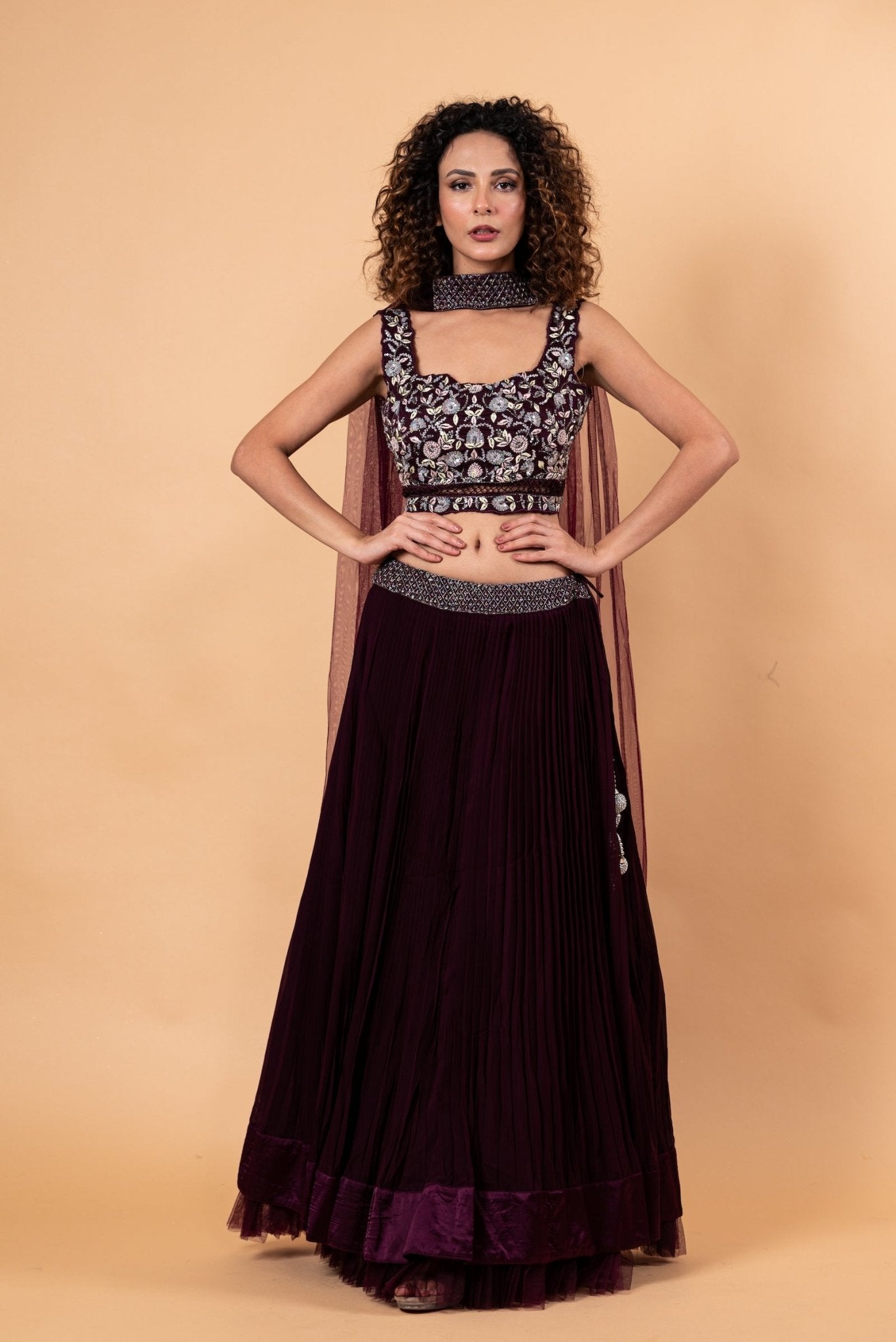 Wine Color Net Lehenga with Embroidery Work - Anvi Couture