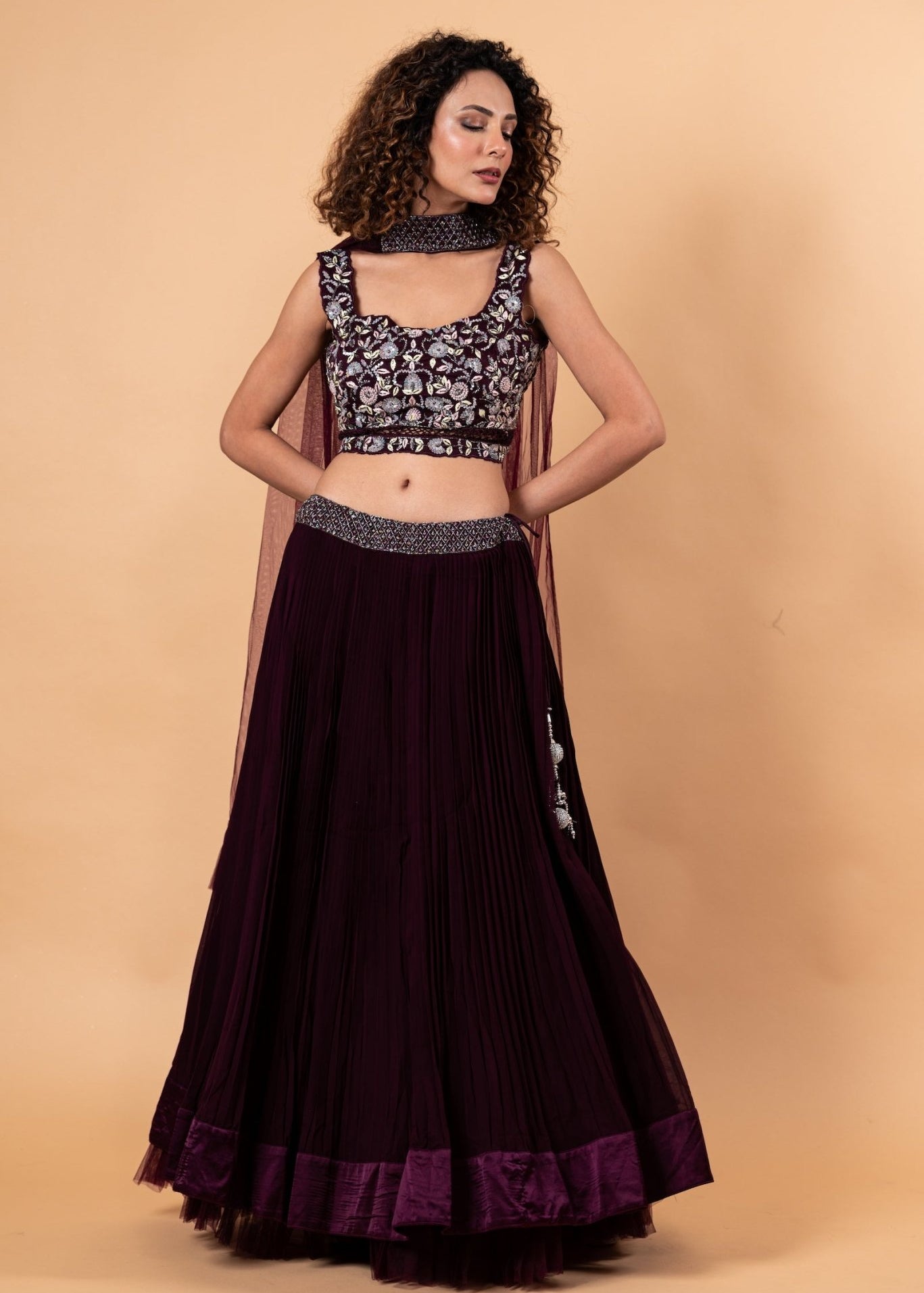 Wine Color Net Lehenga with Embroidery Work - Anvi Couture
