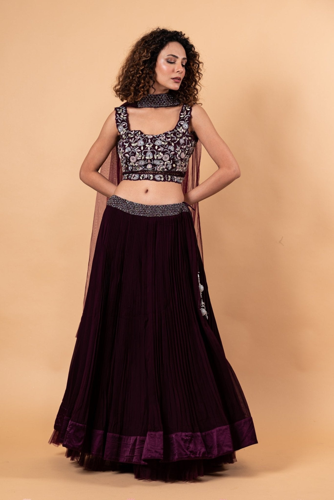 Wine Color Net Lehenga with Embroidery Work - Anvi Couture