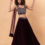 Wine Color Net Lehenga with Embroidery Work - Anvi Couture