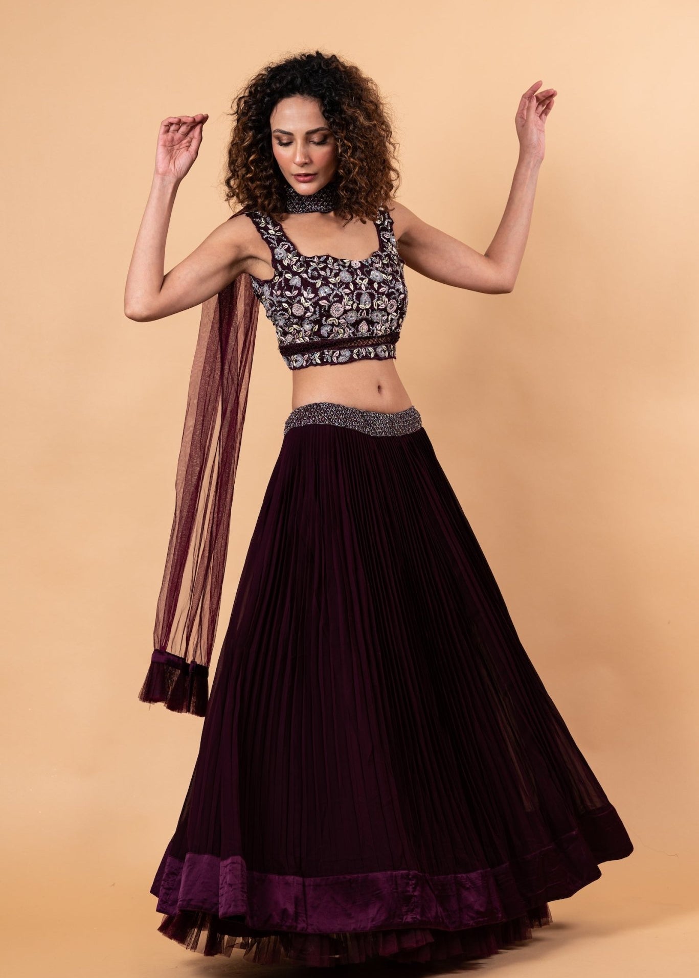 Wine Color Net Lehenga with Embroidery Work - Anvi Couture