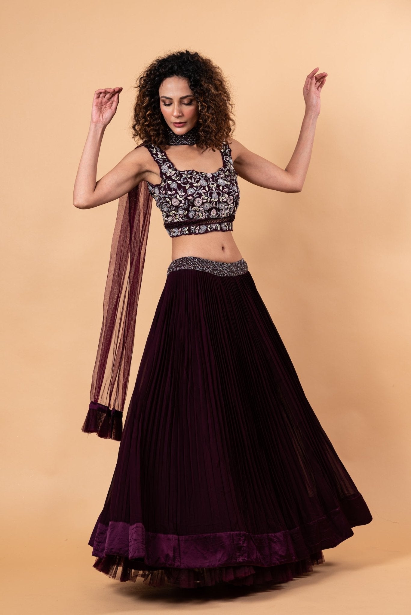 Wine Color Net Lehenga with Embroidery Work - Anvi Couture
