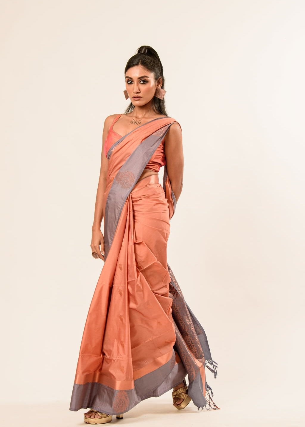 Peach Kanjivaram Silk Saree with Gray Border - Anvi Couture - Image 3
