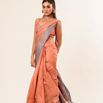 Peach Kanjivaram Silk Saree with Gray Border - Anvi Couture