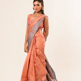 Peach Kanjivaram Silk Saree with Gray Border - Anvi Couture