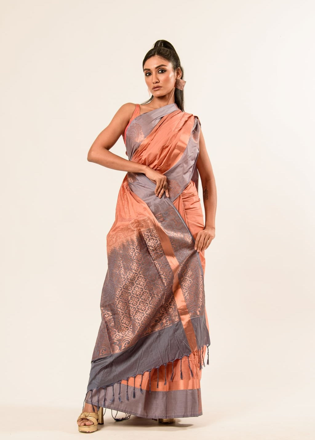 Peach Kanjivaram Silk Saree with Gray Border - Anvi Couture - Image 4