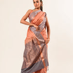 Peach Kanjivaram Silk Saree with Gray Border - Anvi Couture