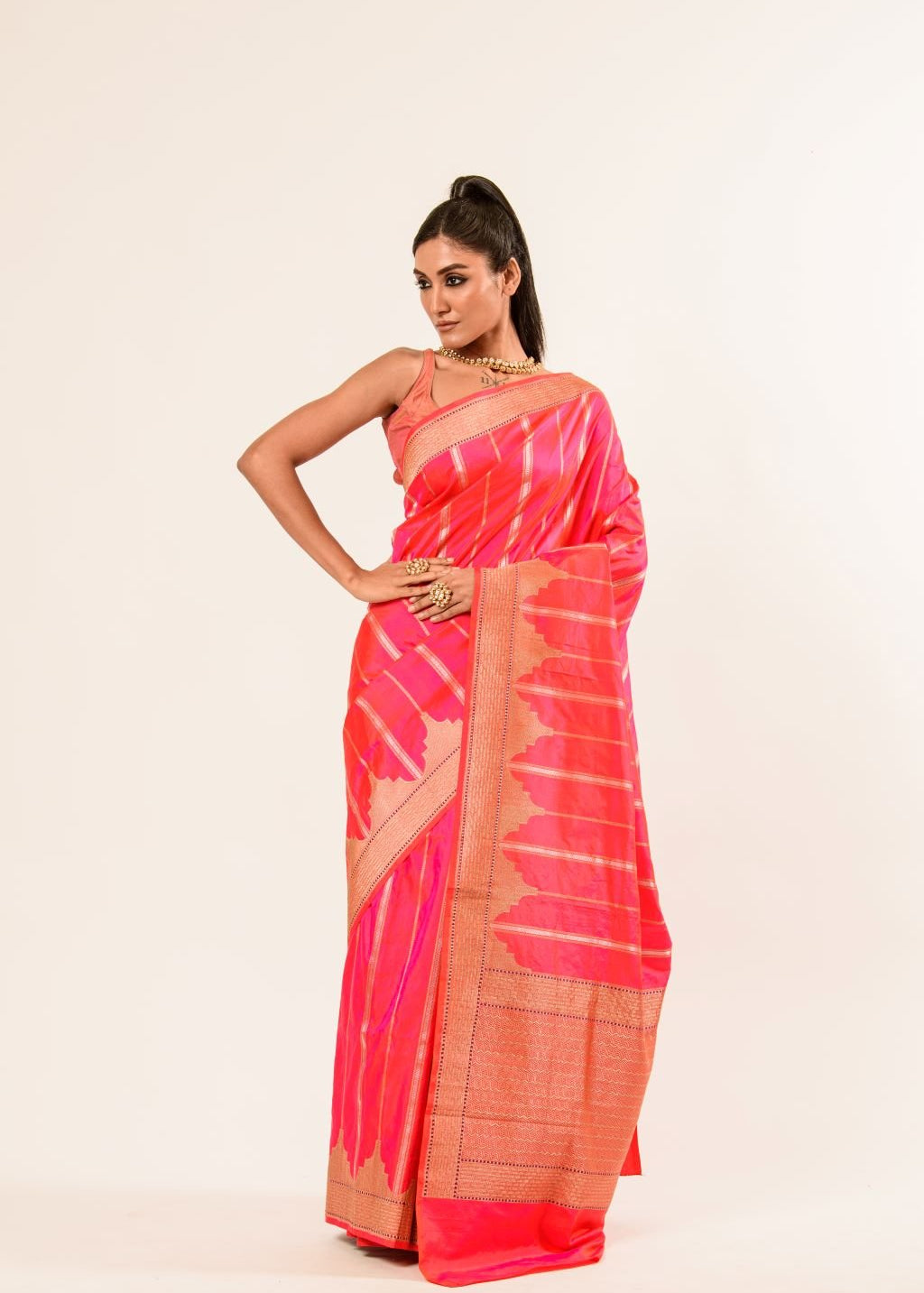 Pink Orange Dual Shade Katan Silk Handwoven Banarasi Saree - Anvi Couture