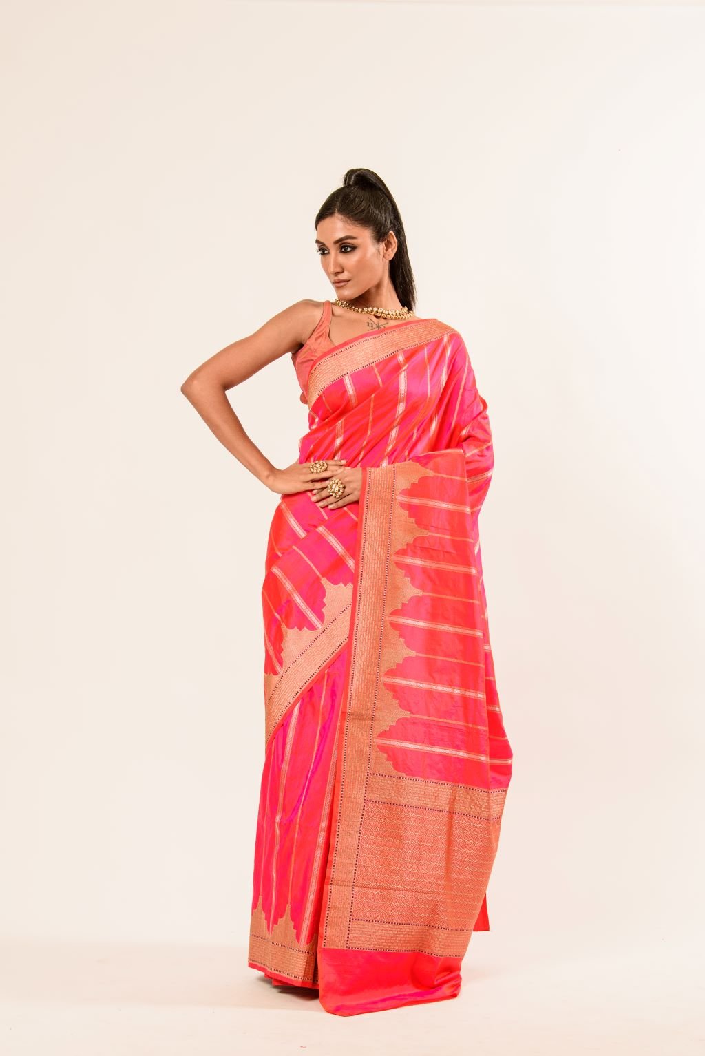 Pink Orange Dual Shade Katan Silk Handwoven Banarasi Saree - Anvi Couture