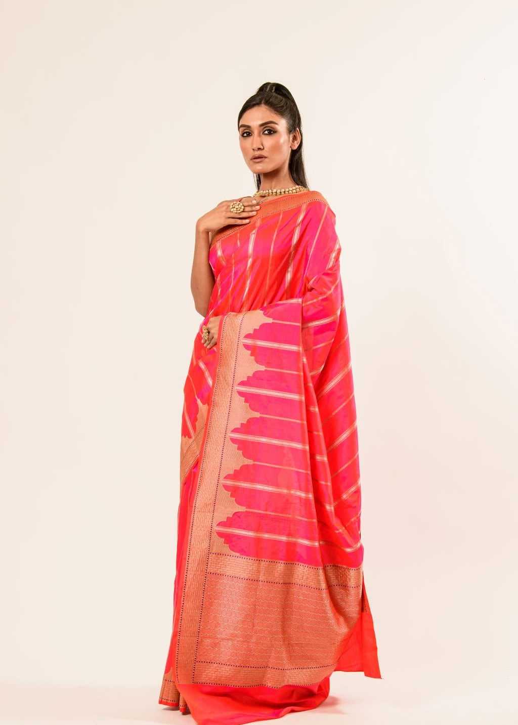 Pink Orange Dual Shade Katan Silk Handwoven Banarasi Saree - Anvi Couture