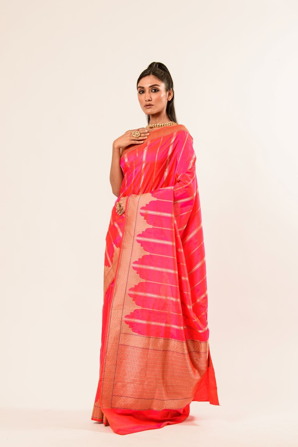 Pink Orange Dual Shade Katan Silk Handwoven Banarasi Saree - Anvi Couture