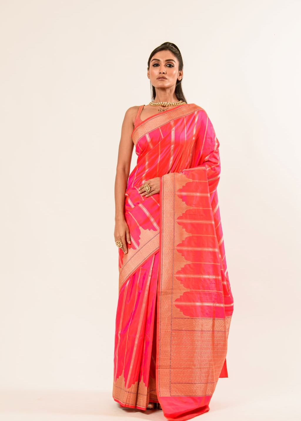 Pink Orange Dual Shade Katan Silk Handwoven Banarasi Saree - Anvi Couture