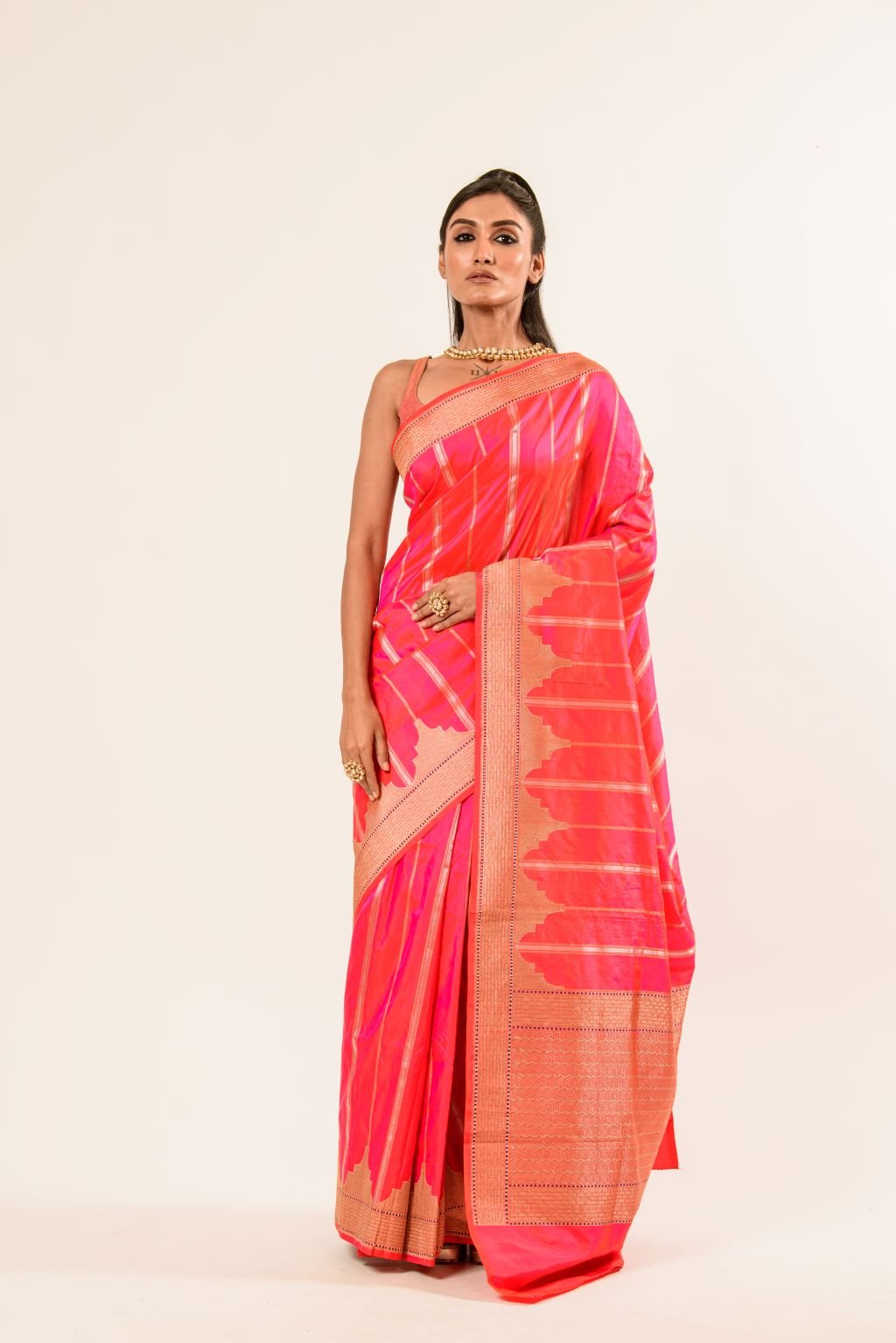 Pink Orange Dual Shade Katan Silk Handwoven Banarasi Saree - Anvi Couture