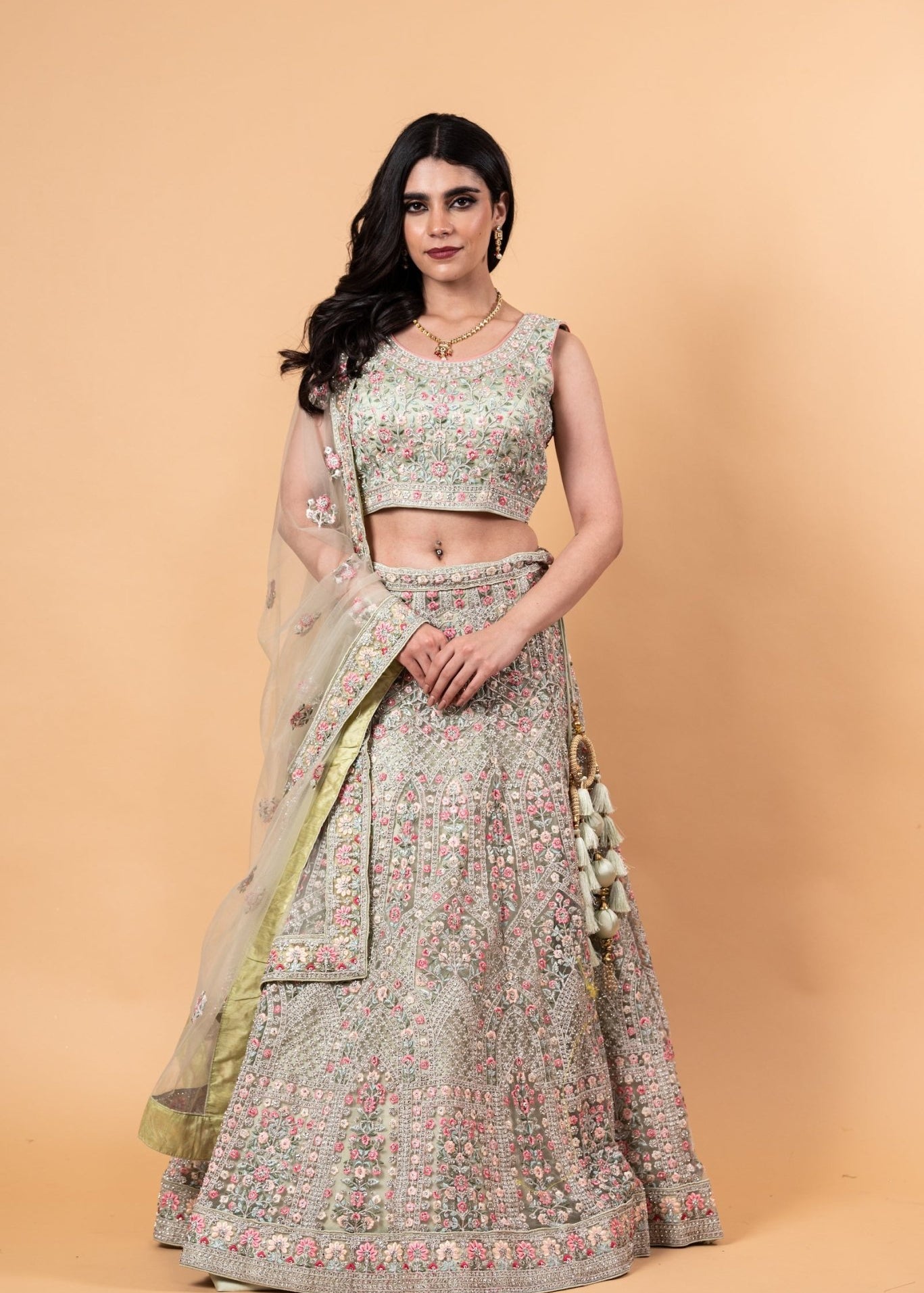 All Over Handwork Embroidered Net Pastel Lehenga and Choli With Tassel Dupatta - Anvi Couture