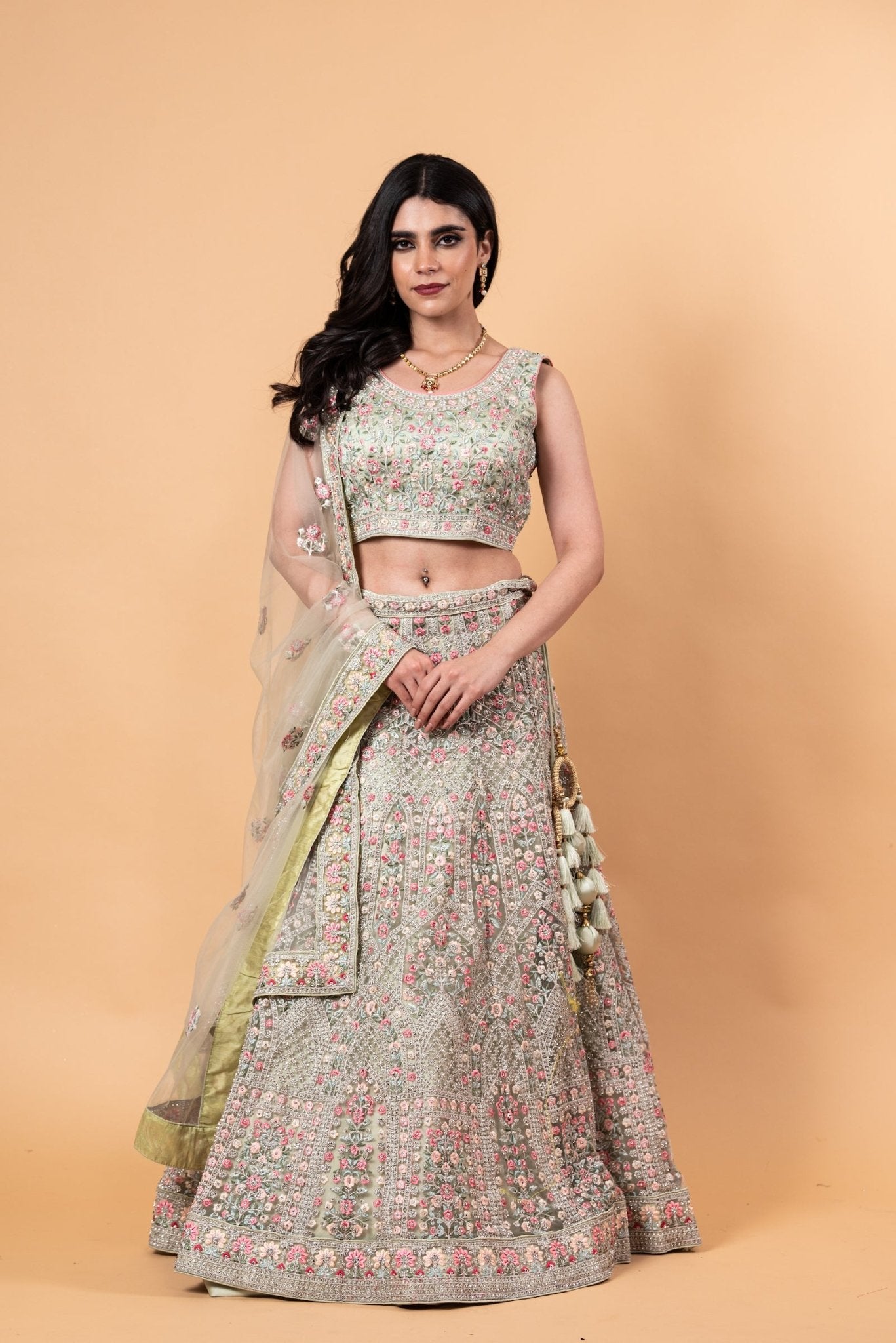 All Over Handwork Embroidered Net Pastel Lehenga and Choli With Tassel Dupatta - Anvi Couture