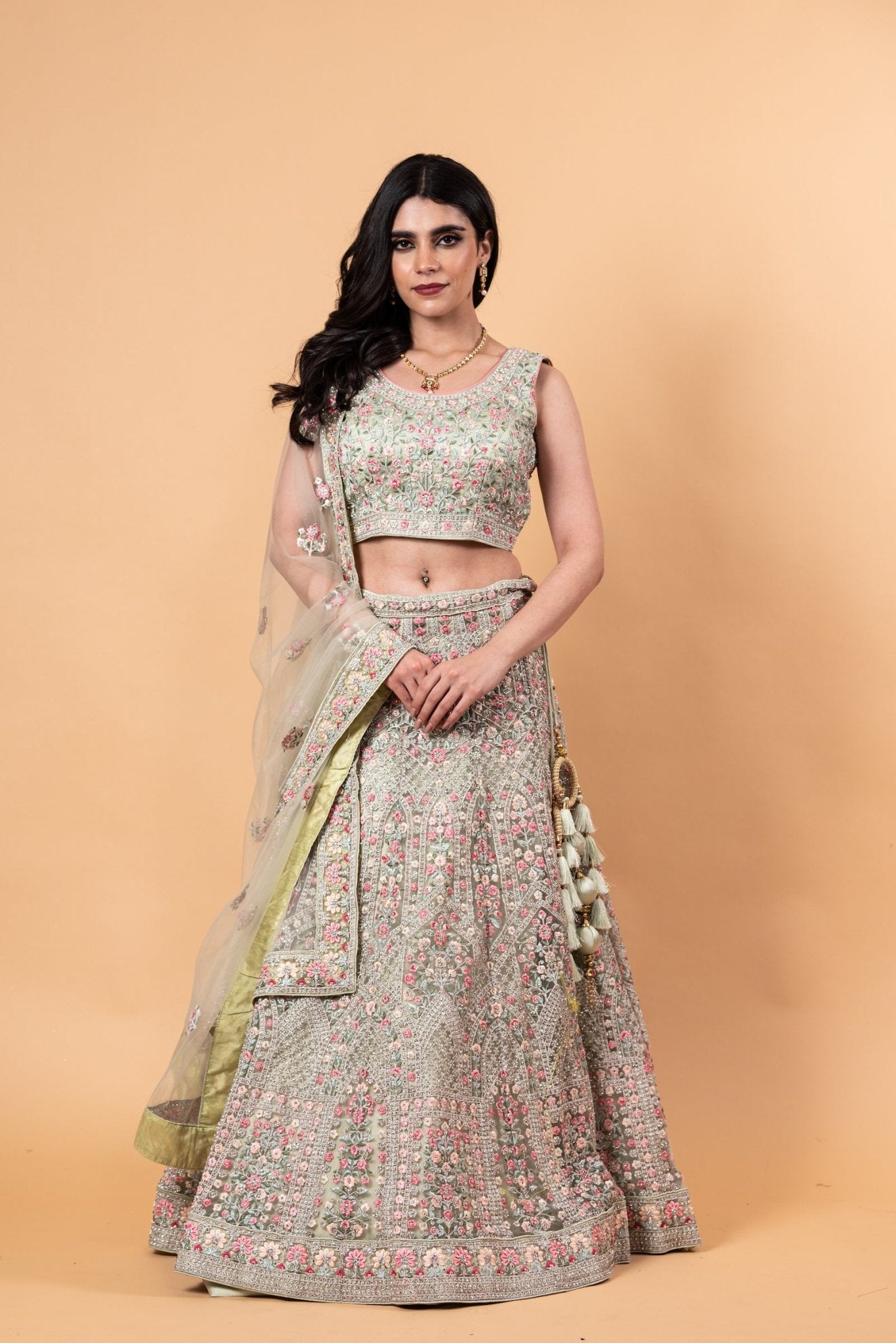 Stunning All Over Handwork Embroidered Net Pastel Lehenga and Choli With Tassel Dupatta - Anvi Couture