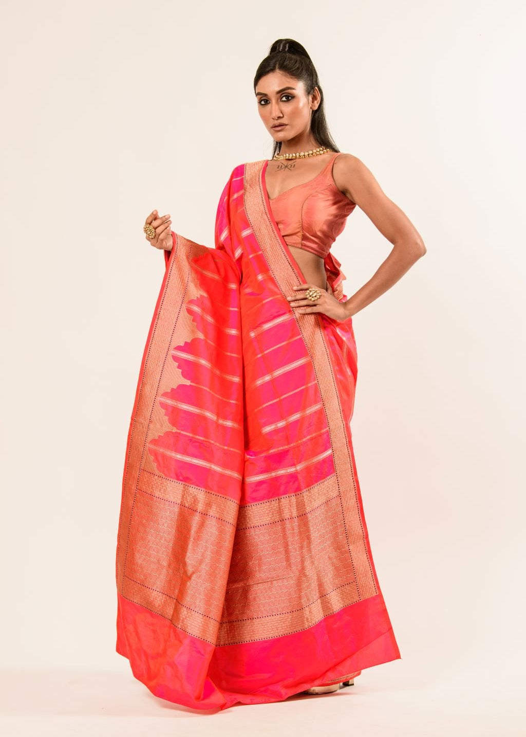 Pink Orange Dual Shade Katan Silk Handwoven Banarasi Saree - Anvi Couture