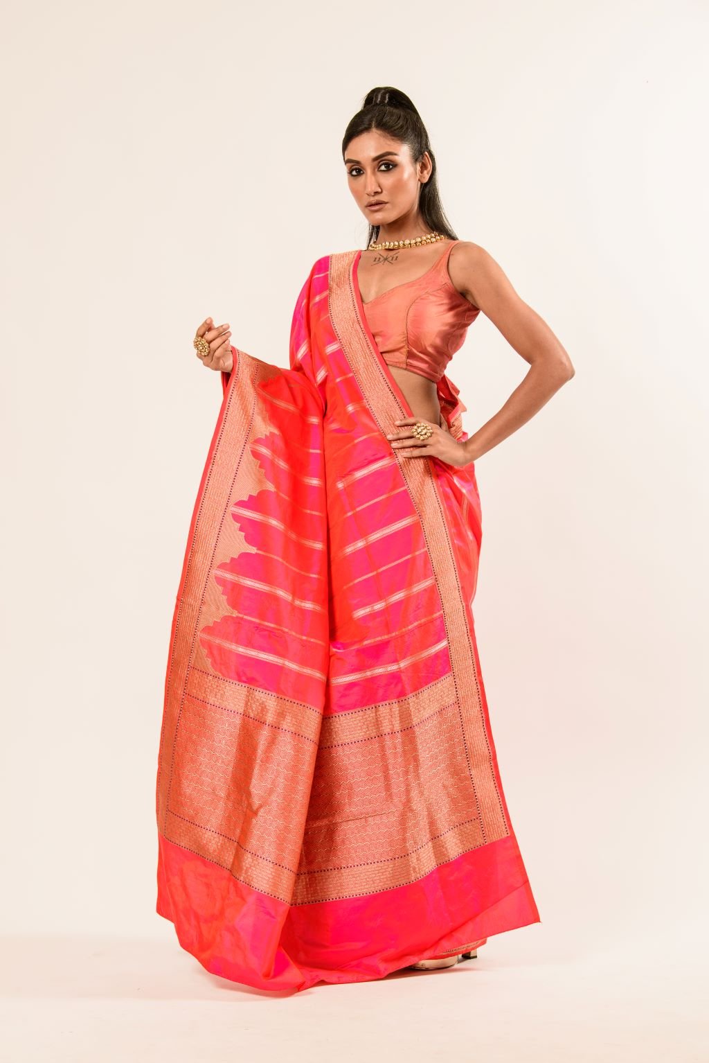 Pink Orange Dual Shade Katan Silk Handwoven Banarasi Saree - Anvi Couture