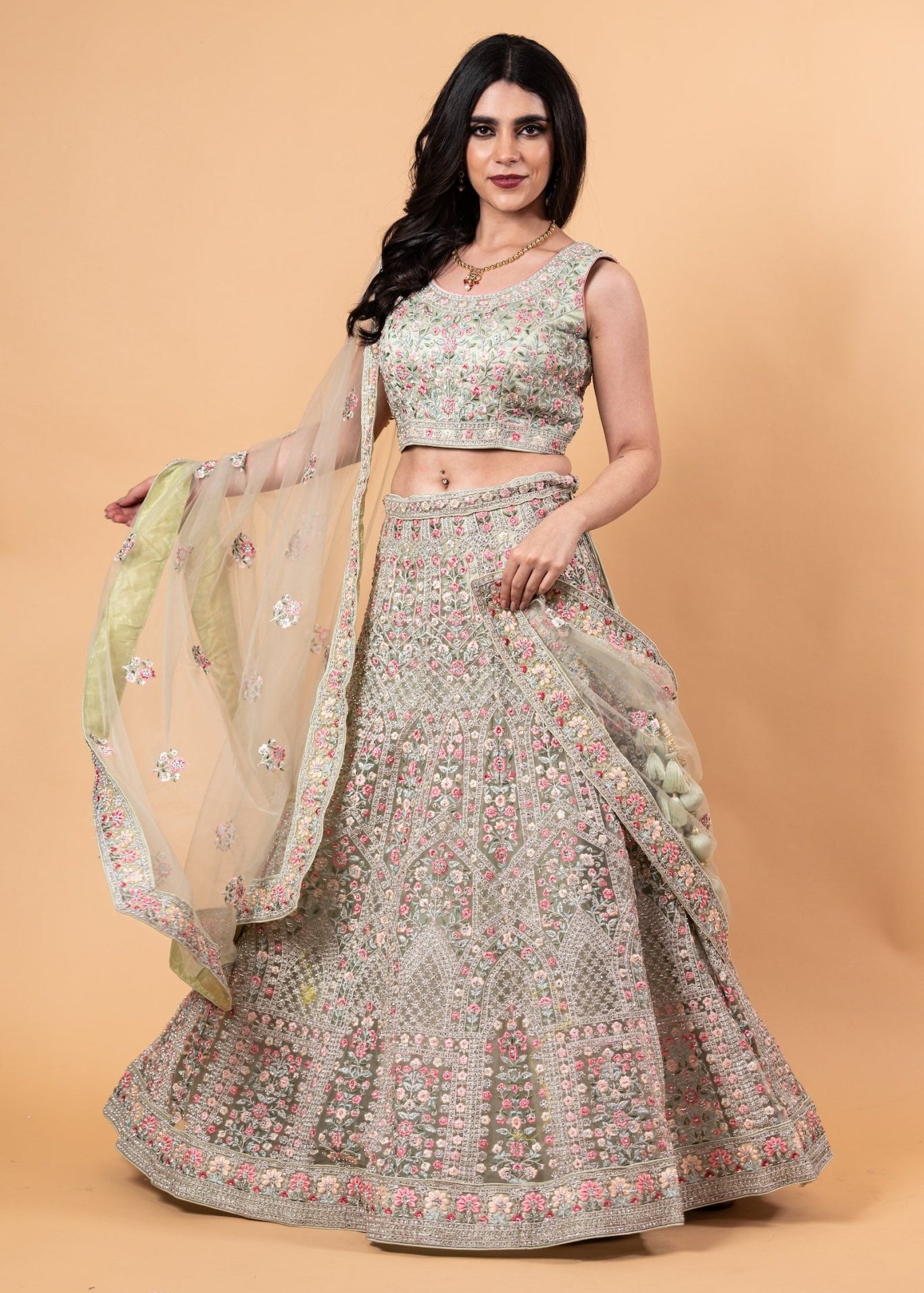 Net Pastel Lehenga and Choli Set with All Over Handwork Embroidery and Tassel Dupatta 