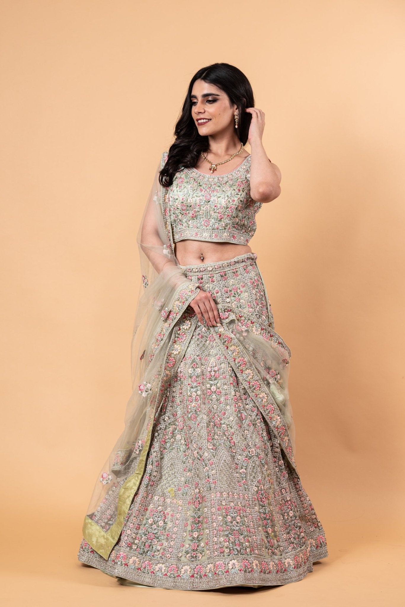 Net Pastel Lehenga and Choli Set with All Over Handwork Embroidery and Tassel Dupatta 