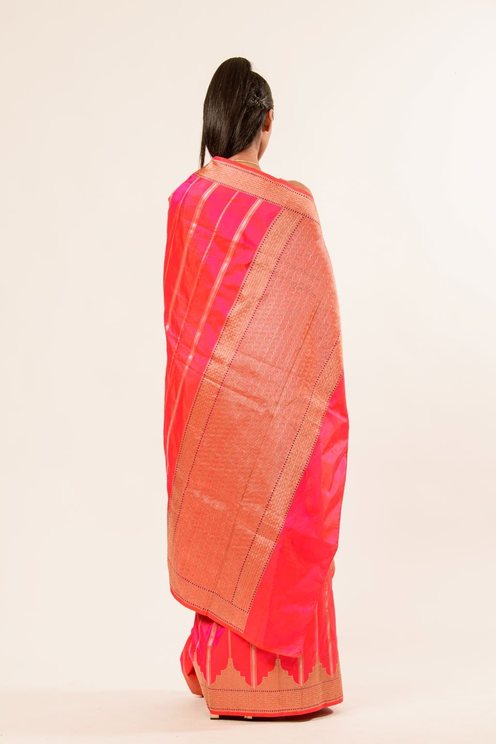 Pink Orange Dual Shade Katan Silk Handwoven Banarasi Saree - Anvi Couture