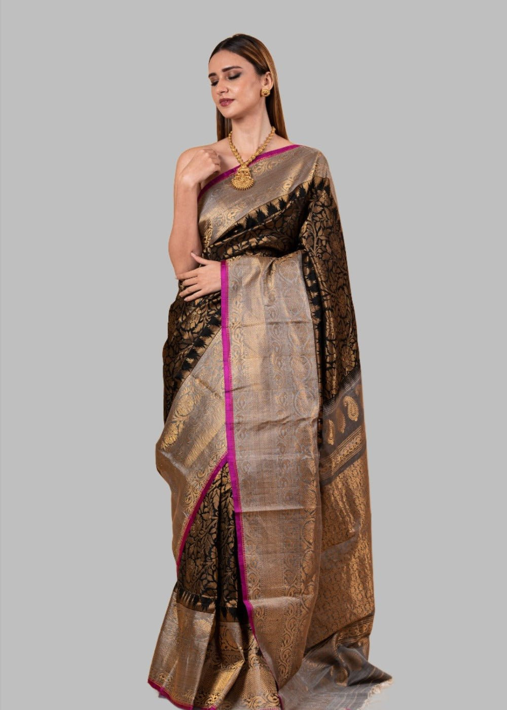 Gadwal Silk Brocade Black Saree with gold contrast border and Pallu - Image 1