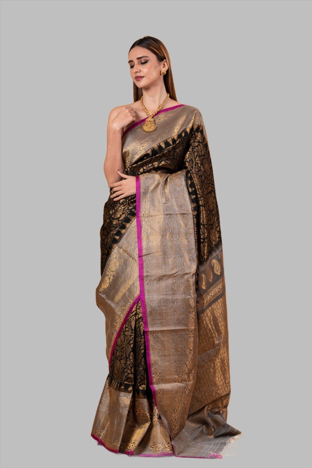 Gadwal Silk Brocade Black Saree with gold contrast border and Pallu - Anvi Couture