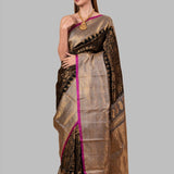 Gadwal Silk Brocade Black Saree with gold contrast border and Pallu - Anvi Couture