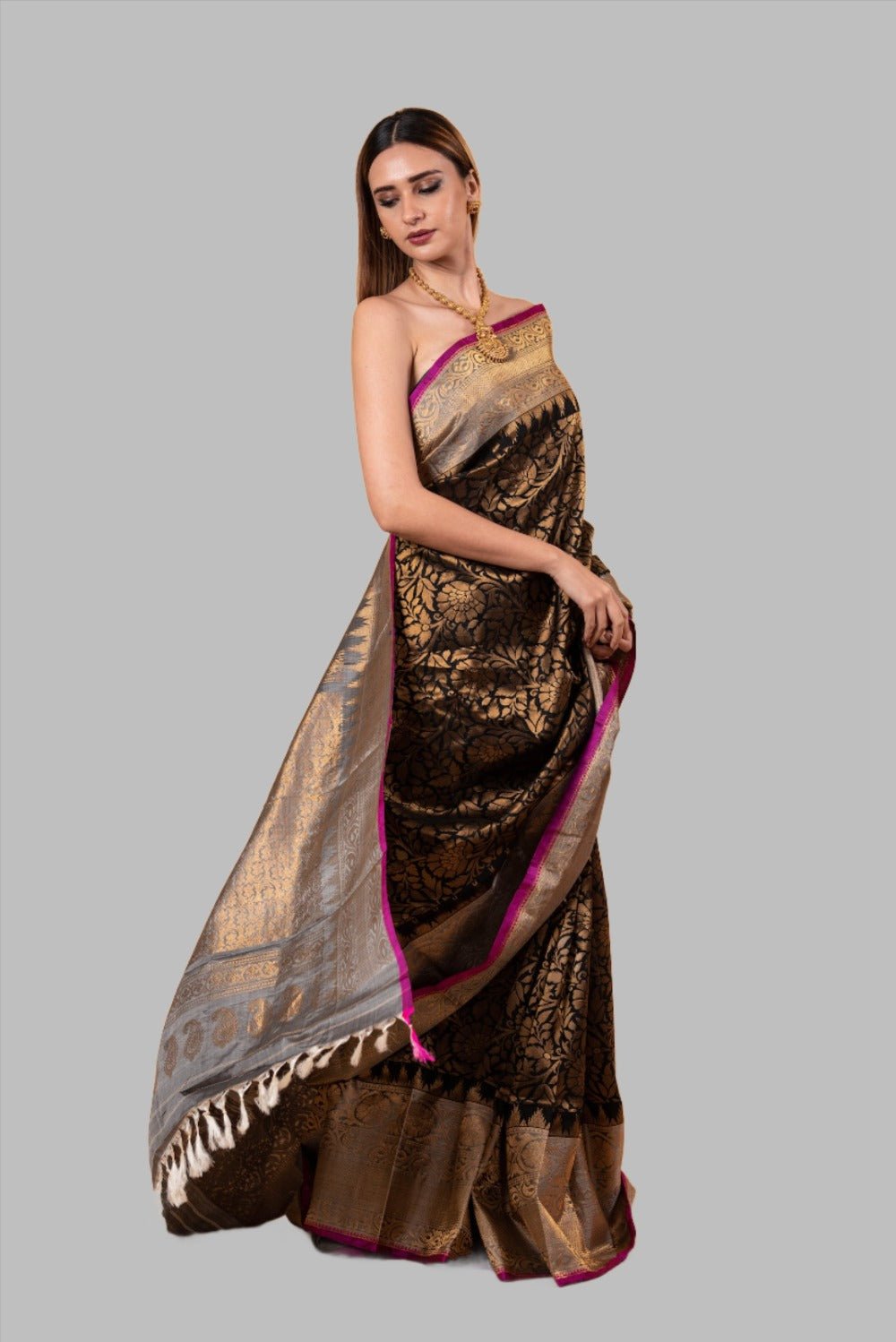 Gadwal Silk Brocade Black Saree with gold contrast border and Pallu - Anvi Couture