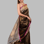 Gadwal Silk Brocade Black Saree with gold contrast border and Pallu - Anvi Couture