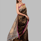 Gadwal Silk Brocade Black Saree with gold contrast border and Pallu - Anvi Couture