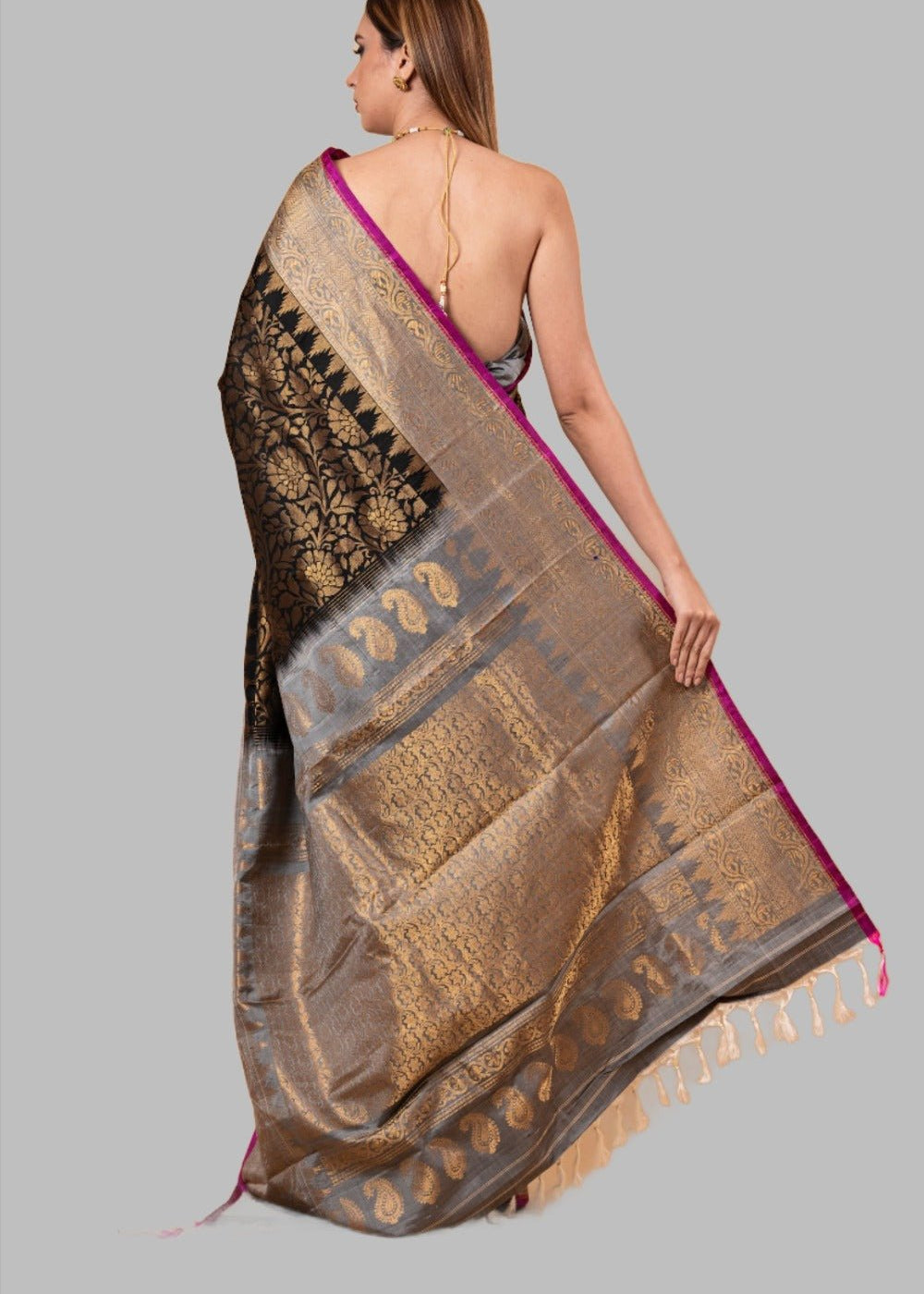 Gadwal Silk Brocade Black Saree with gold contrast border and Pallu - Anvi Couture