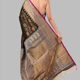 Gadwal Silk Brocade Black Saree with gold contrast border and Pallu - Anvi Couture