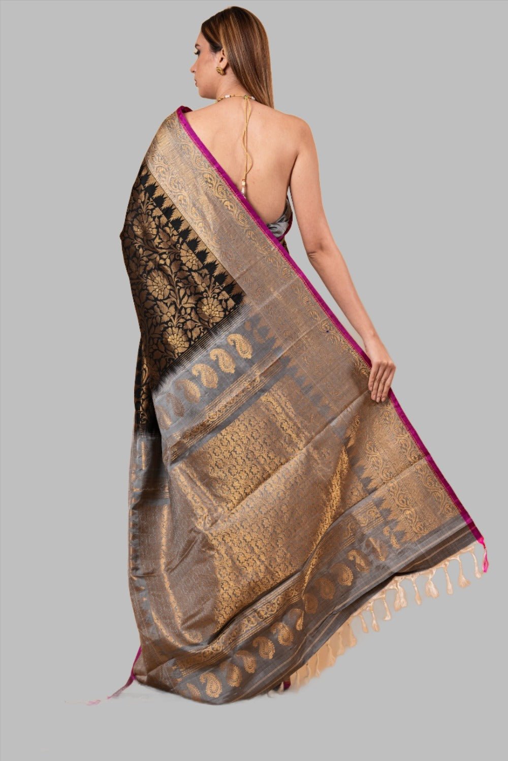 Gadwal Silk Brocade Black Saree with gold contrast border and Pallu - Anvi Couture