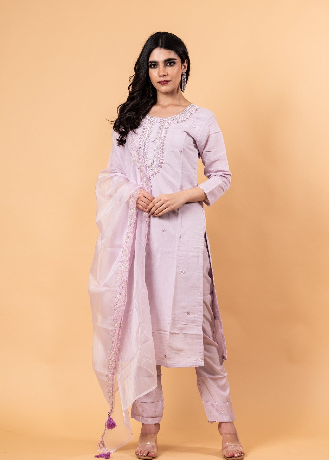 Mauve Floral Yoke Design Cotton Silk Kurta - Anvi Couture