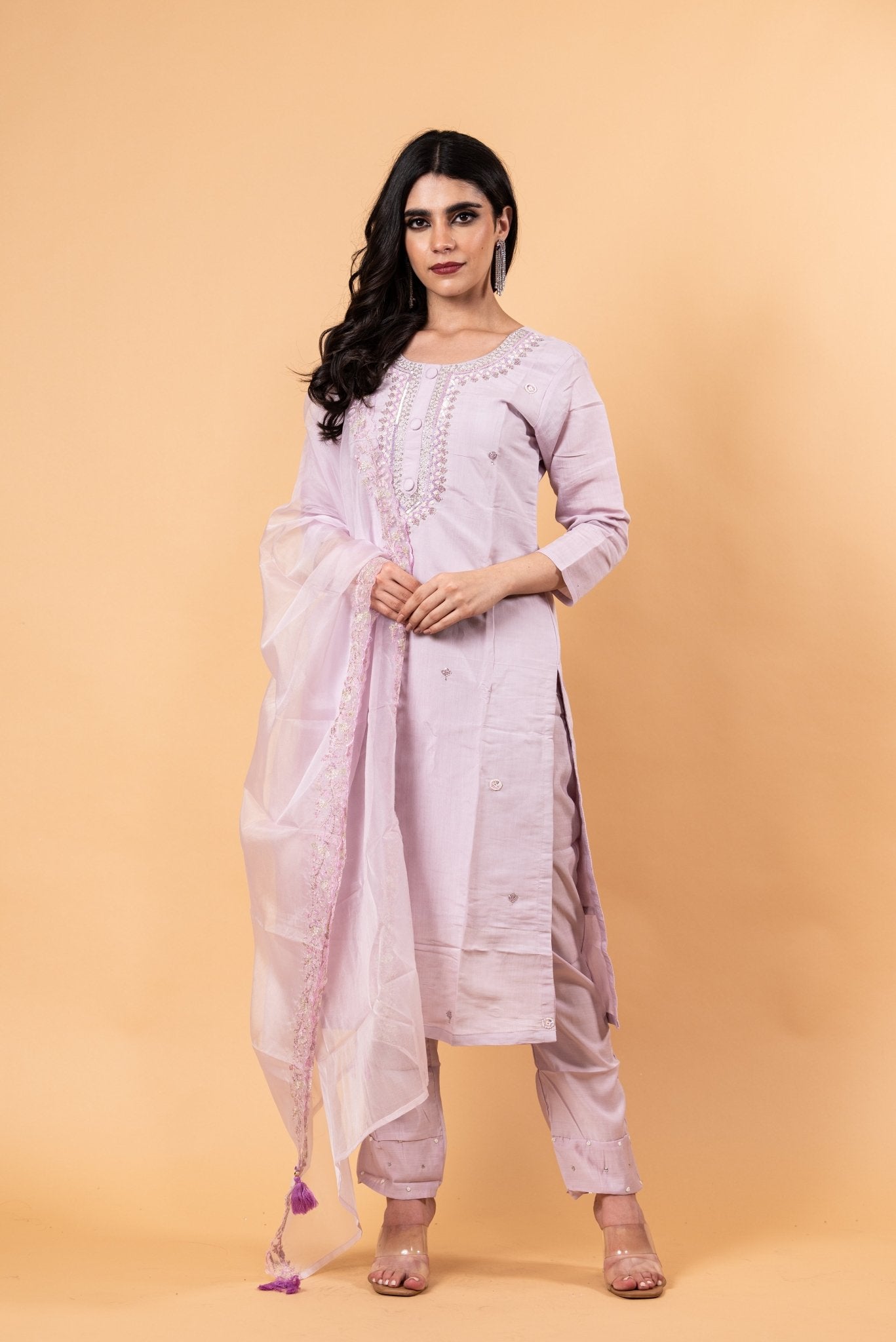 Mauve Floral Yoke Design Cotton Silk Kurta - Anvi Couture