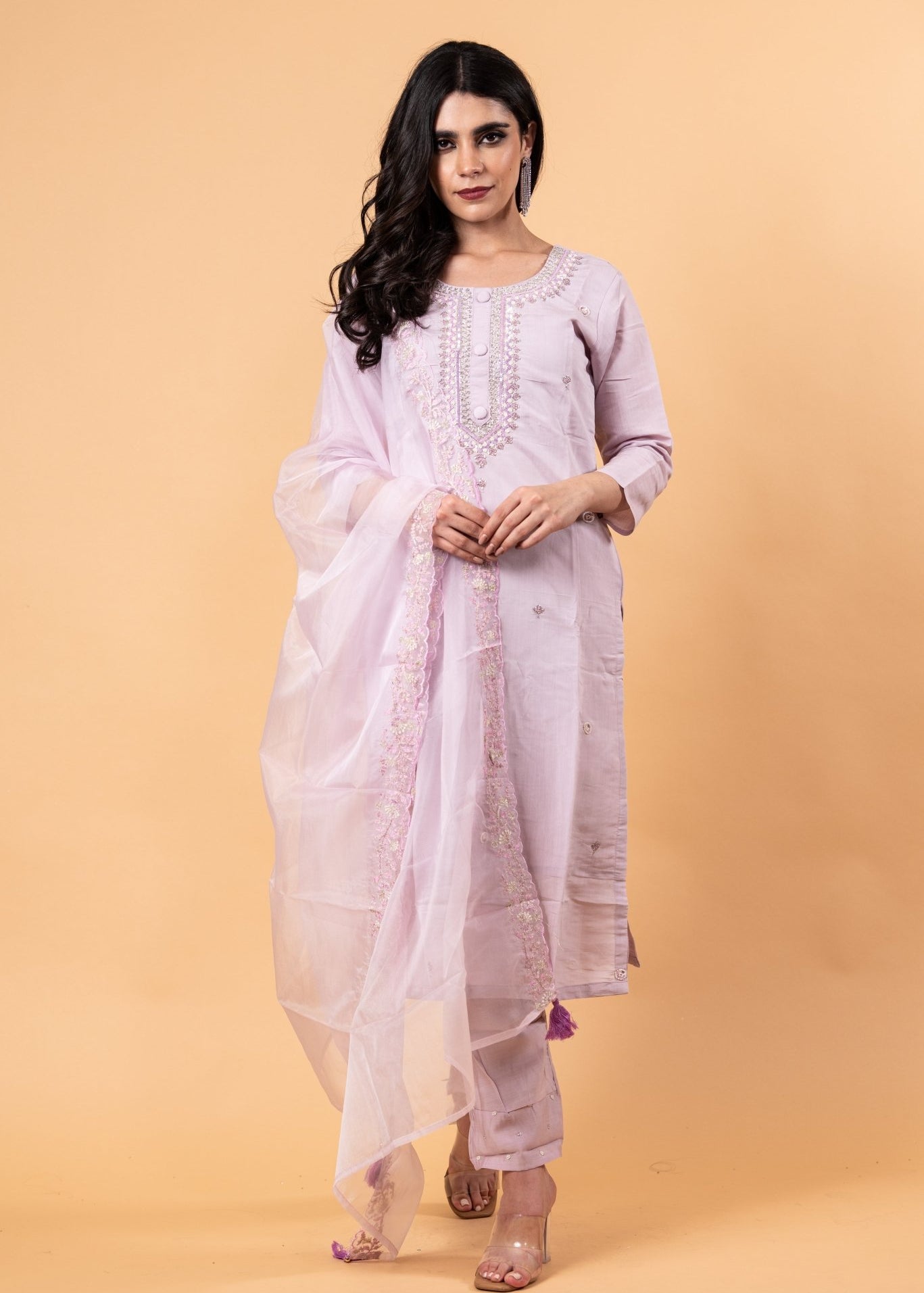 Mauve Floral Yoke Design Cotton Silk Kurta - Anvi Couture