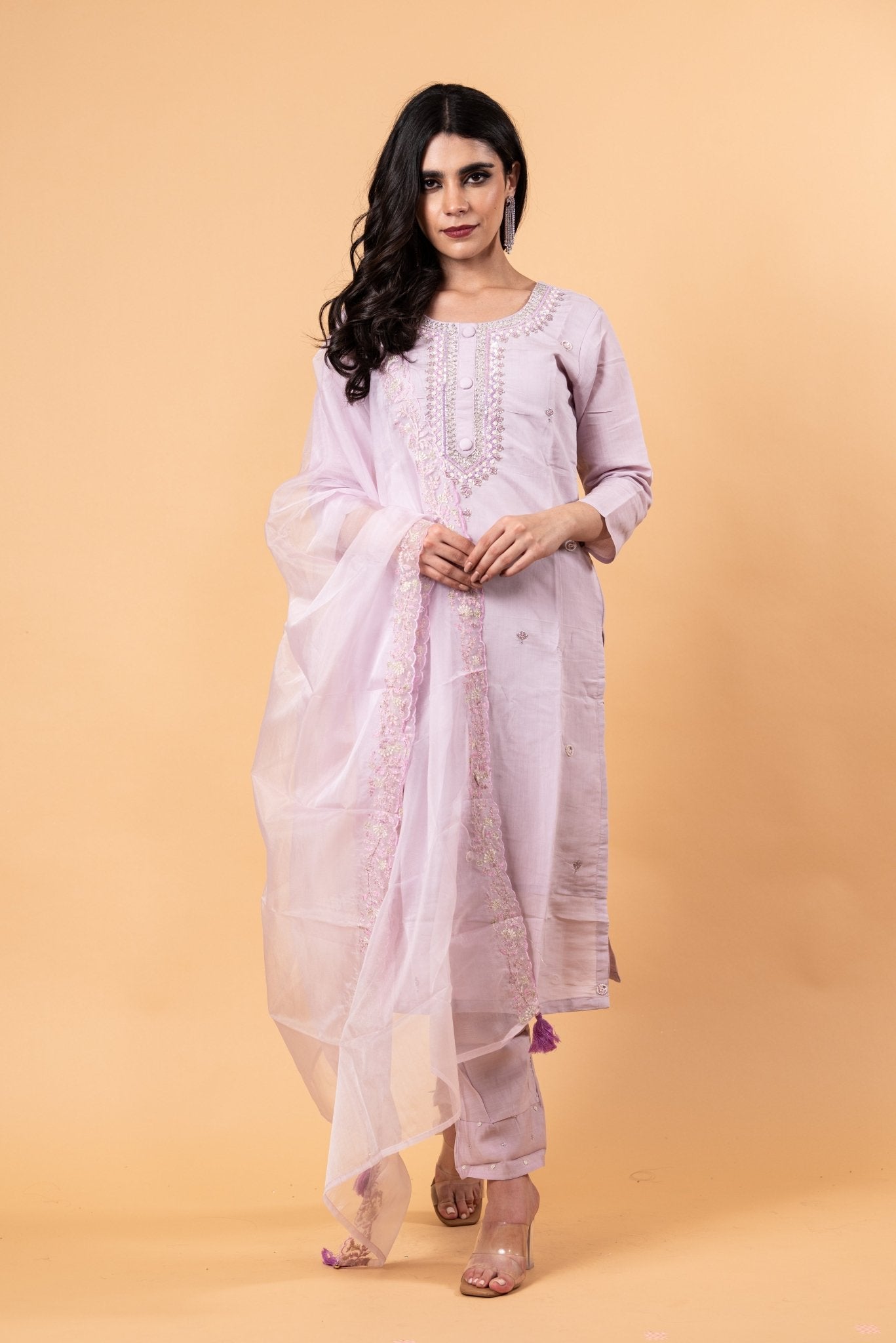 Mauve Floral Yoke Design Cotton Silk Kurta - Anvi Couture