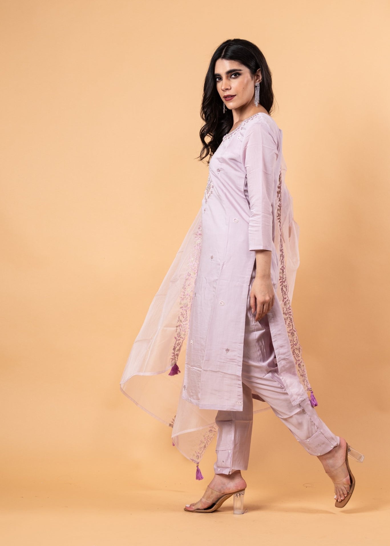 Mauve Floral Yoke Design Cotton Silk Kurta - Anvi Couture